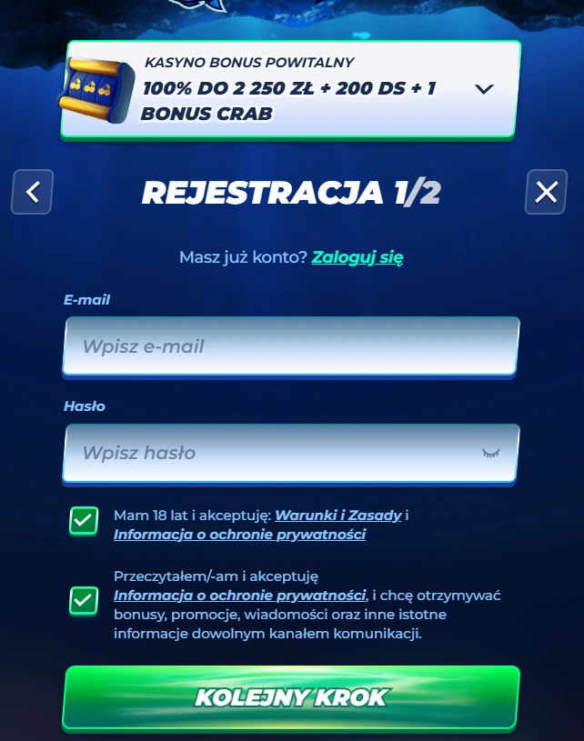 BassBet Casino Rejestracja krok 1